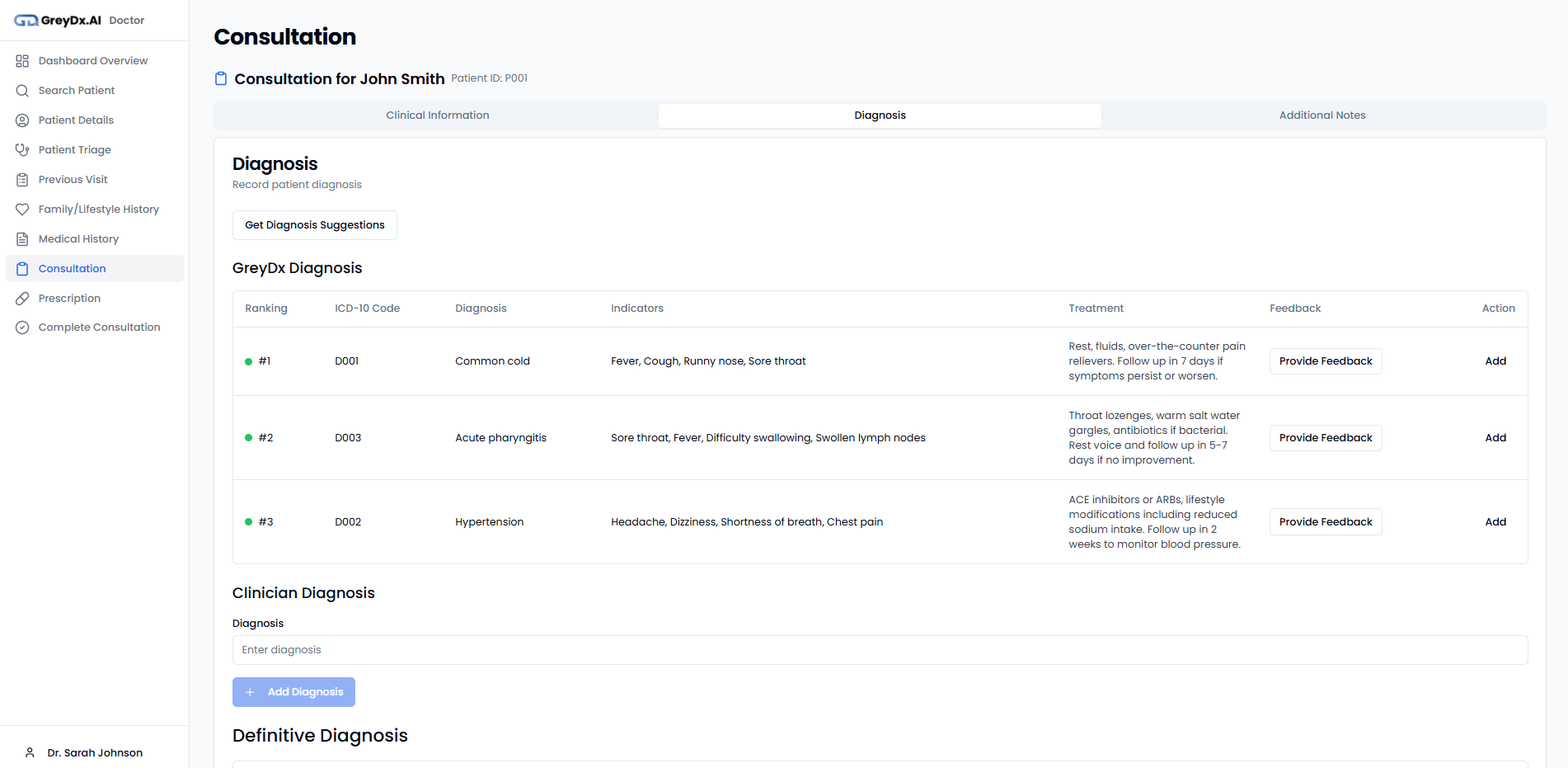 GreyDx Consultation interface showing AI-powered diagnostic suggestions with ranked diagnoses