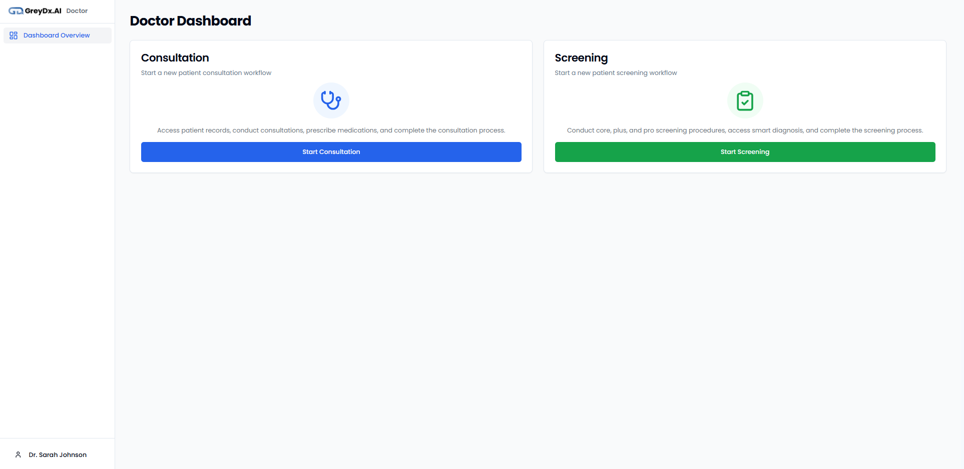 GreyDx Doctor Dashboard showing Consultation and Screening workflows